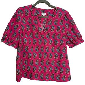 J. Crew Floral Pink‎ Preppy Office Puff Short Sleeve Poplin Blouse Top Large